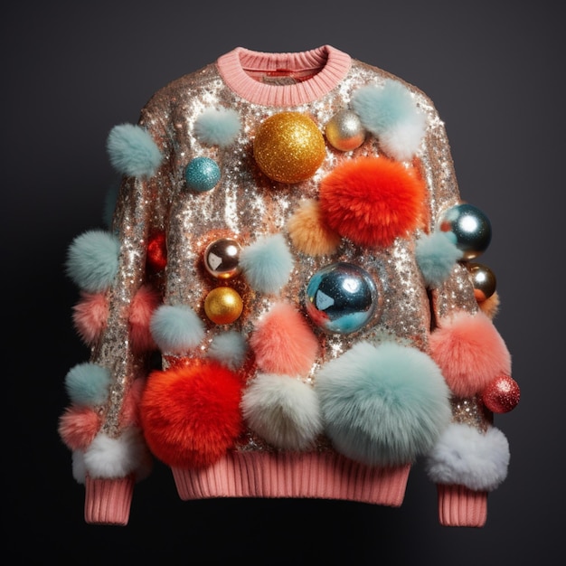 Um suéter de Natal absurdamente feio com pompons fofos e um conjunto de lantejoulas para festa