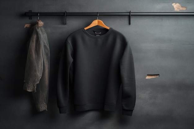 Um suéter preto pendurado em uma parede preta ao lado de uma jaqueta preta.
