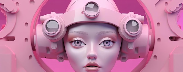 um sujeito feminino em um jogo de realidade virtual mostrando seus olhos com um fundo rosa