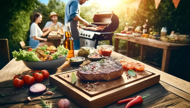 Um sumptuoso bife grelhado numa animada festa de verão.