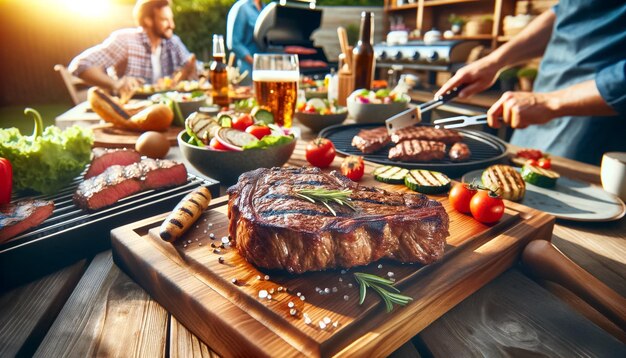 Um sumptuoso bife grelhado numa animada festa de verão.