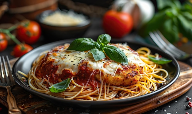 Foto um sumptuoso prato de frango parmesan coberto de queijo e manjericão em espaguete com tomates e manjerico ao fundo gerar ai