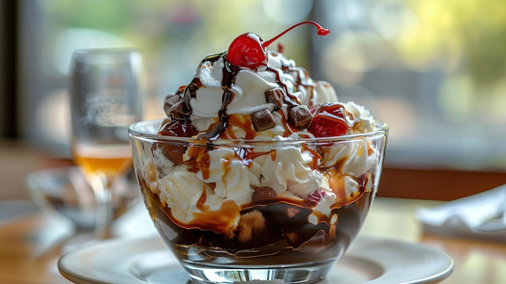 Foto um sundae decadente com creme batido cerejas chips de chocolate caramelo e molho de chocolate em uma tigela de vidro em um prato branco