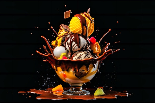 Um sundae que contém caramelo de chocolate e sorvete