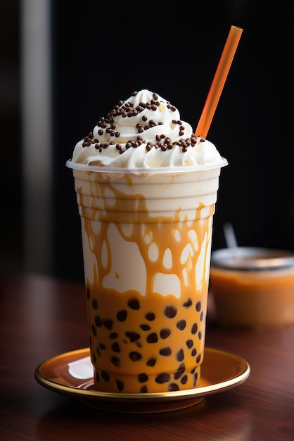 Um suntuoso Bubble Tea em pote de plástico com Leite Tapioca Pérolas Açúcar Mascavo