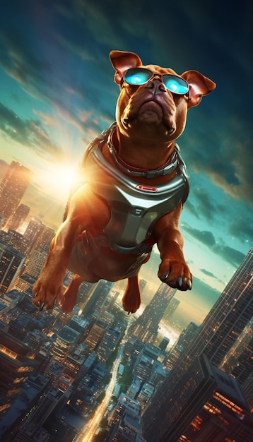 Um super-herói cão com uma capa vermelha voando sobre a cidade ao pôr do sol em uma pose cinematográfica