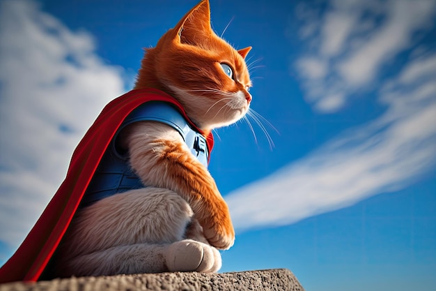 Um super-herói do tamanho de um gatinho vermelho observa o horizonte contra um céu azul