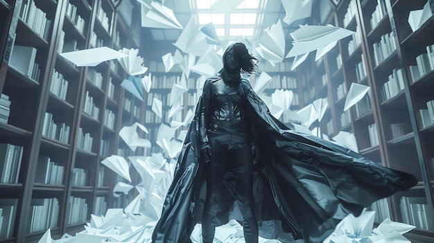 Um super-herói está em uma biblioteca cercado de jornais voadores o super-heroe está vestindo um terno de couro preto e uma capa preta