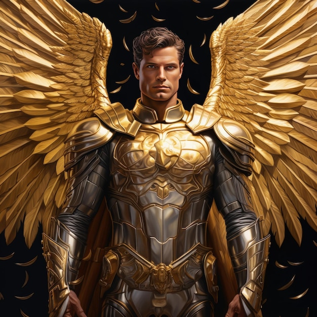 Um super-herói masculino em armadura com asas de anjo