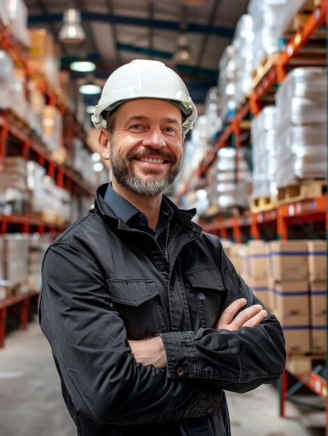 Foto um supervisor de armazém com um sorriso agradável usando um capacete de segurança e de pé em um grande centro de distribuição