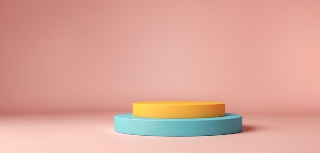 Foto um suporte redondo amarelo-azul para apresentação de produtos uma sala vazia de cor de pêssego com sombras