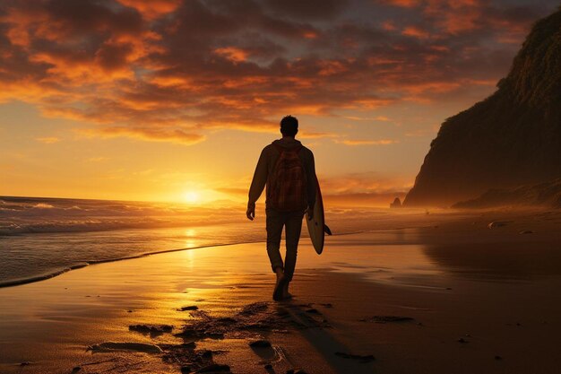 um surfista caminha na praia com um pôr-do-sol no fundo