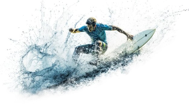 um surfista de camisa azul está surfando uma onda.