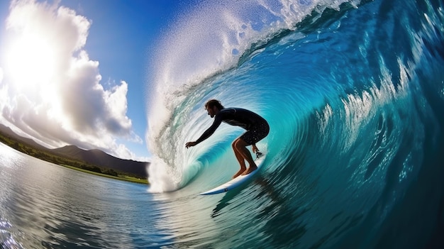 Um surfista está pegando uma onda na frente de um céu azul.