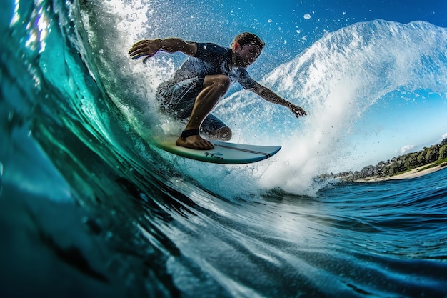 Foto um surfista está pegando uma onda no oceano.