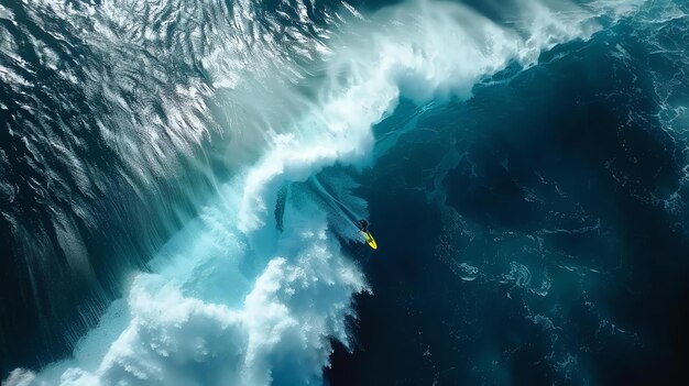 Foto um surfista monta uma grande onda a onda está a cair sobre o surfista mas o surfista está a agarrar-se o surfer está a usar um fato de mergulho e um capacete