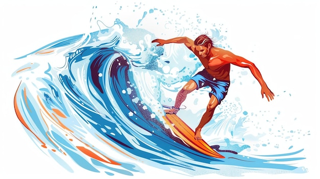 Um surfista monta uma grande onda a prancha de surf é laranja e a onda é azul e branca o surfista está vestindo calções azuis o fundo é branco