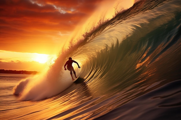 Um surfista montando uma onda maciça no pôr do sol Um surfista profissional montando uma onda maciça no pôr do sol Uma cena de ação dinâmica de um surfista habilidoso montando uma onda maciça do oceano