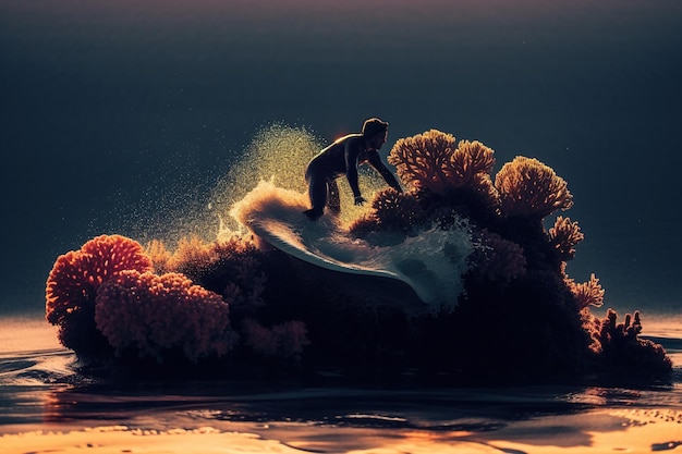 Um surfista pega uma onda com o sol se pondo atrás dele.
