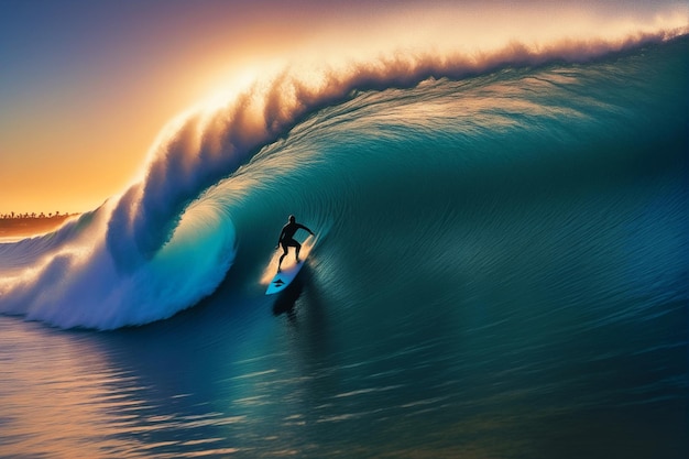 Foto um surfista pega uma onda enorme.