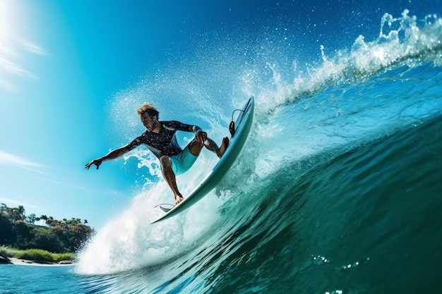 Um surfista pega uma onda na costa rica.