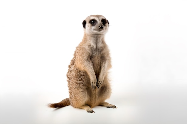 Um suricato senta-se sobre as patas traseiras em frente a um fundo branco.