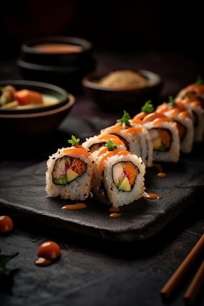 Um sushi com fundo desfocado
