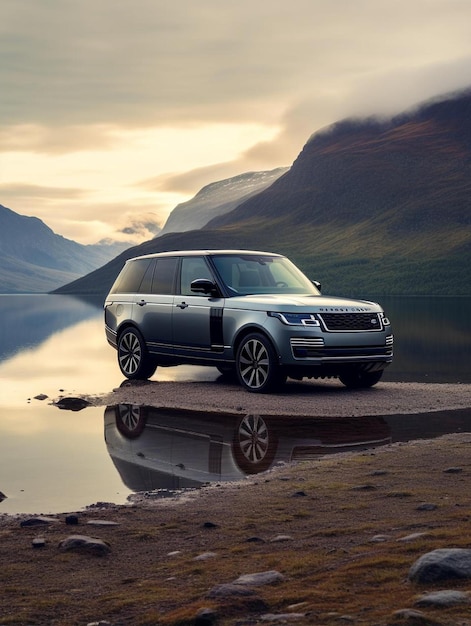 Foto um suv azul está estacionado em uma costa com um reflexo de montanhas na água