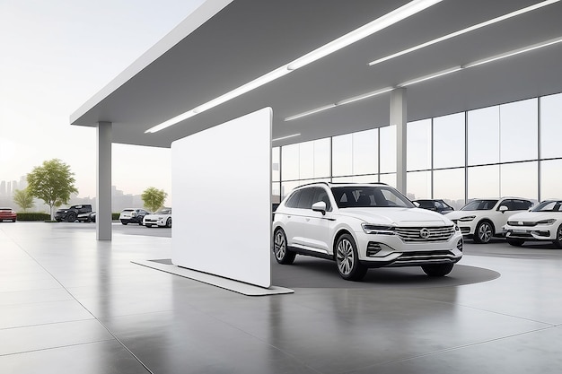 Foto um suv branco está estacionado em uma garagem com um cartaz branco que diz a empresa da empresa