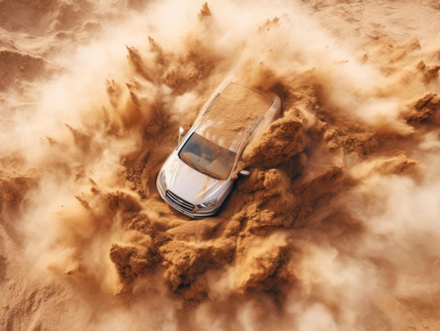 um SUV está dirigindo por uma duna de areia no deserto