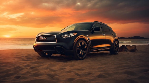 Um suv infiniti está dirigindo na areia ao pôr do sol.