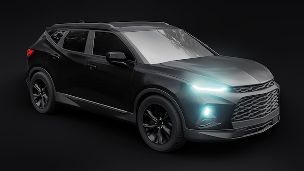 Um suv ultramoderno preto com um design cativante e expressivo para jovens e famílias em um fundo preto isolado. faróis brilhantes e brilhantes. ilustração 3d.