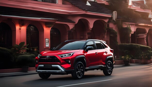 Um SUV vermelho com a palavra Toyota no capô.