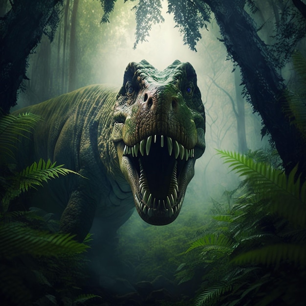 Um t - rex com fundo verde e um grande tiranossauro rex em primeiro plano.