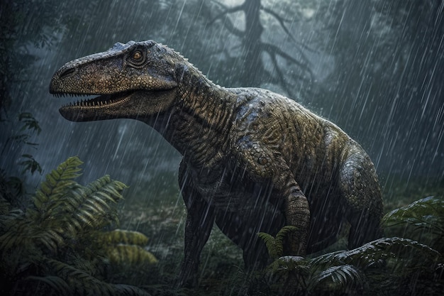 Um t - rex fica na chuva na selva.