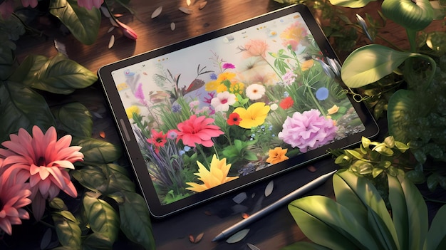 Um tablet com flores sobre uma mesa.