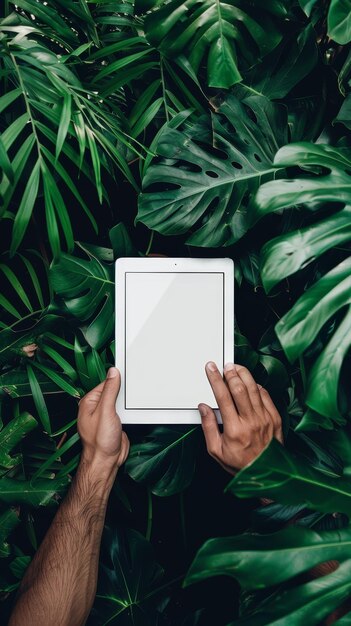 Um tablet com um ecrã limpo mantido em meio a uma próspera variedade de plantas verdes exóticas que justapõem a tecnologia com a simplicidade da natureza