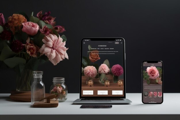 um tablet com uma exibição de flores e um tablet nele.