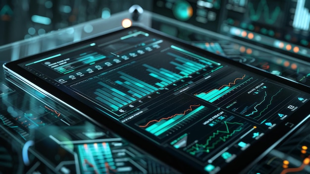 Um tablet digital que exibe um gráfico de negócios dinâmico com recursos interativos para análise e tomada de decisões em tempo real