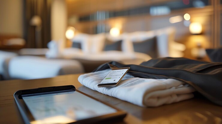 Foto um tablet e um telefone deitados em uma mesa em um quarto de hotel com um roupão bem dobrado perto