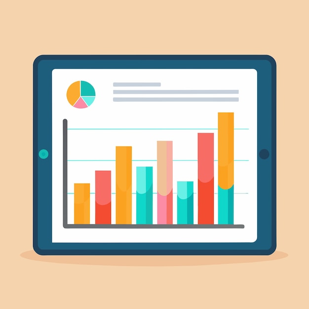 Foto um tablet que exibe um gráfico financeiro para análise de negócios relatórios financeiros e análise de gráficos de negócios ilustração plana simples e minimalista
