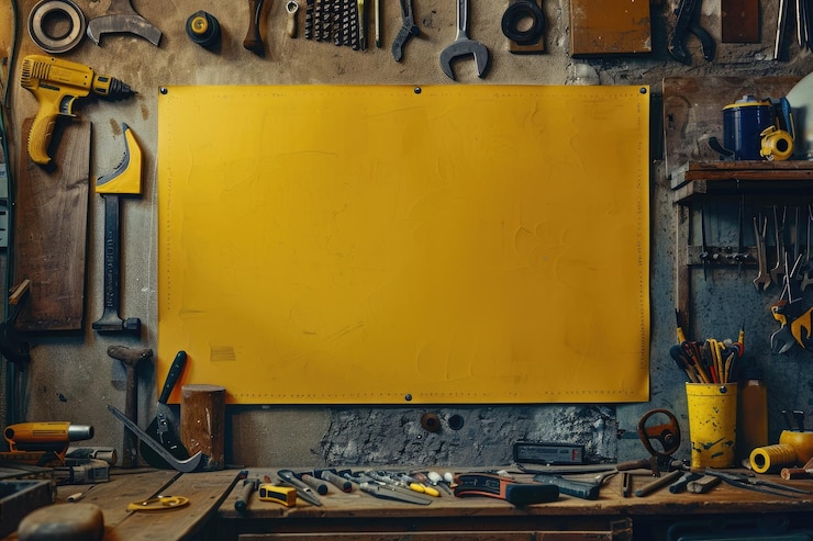Foto um tabuleiro amarelo com uma série de ferramentas diferentes nele