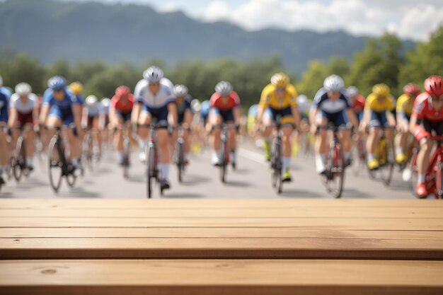 Um tabuleiro de madeira em branco com uma corrida de ciclismo desfocada no fundo