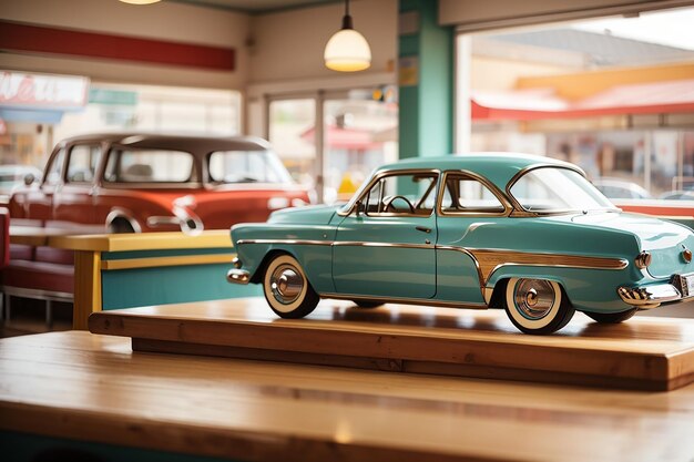Um tabuleiro de madeira em um restaurante retrô com um show de carros clássicos fora de foco