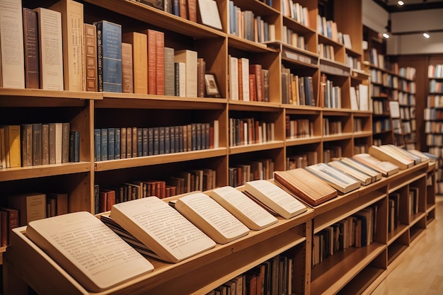 Um tabuleiro de madeira em uma livraria com fileiras de livros e literatura