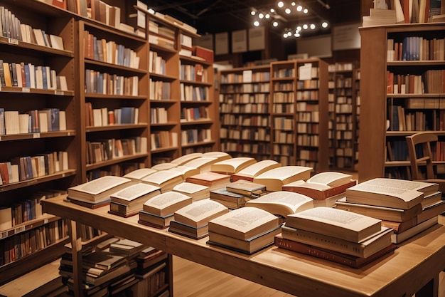 Um tabuleiro de madeira em uma livraria com fileiras de livros e literatura