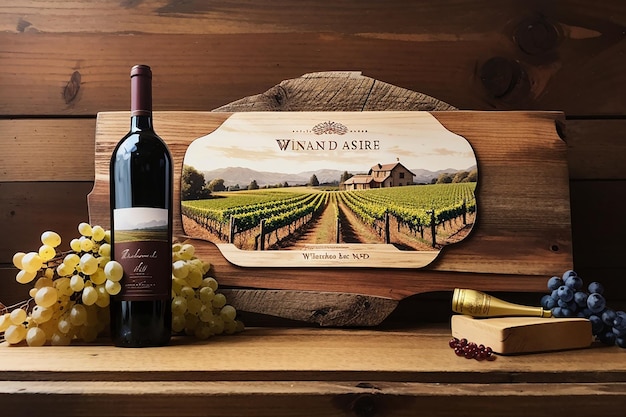 Um tabuleiro de madeira rústico contra uma vinha para um design de rótulo de vinho