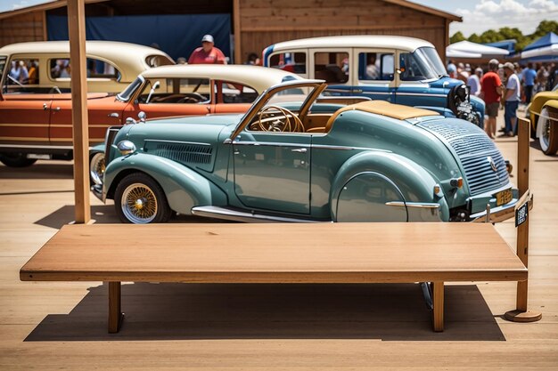 Foto um tabuleiro de madeira vazio em uma exposição de carros vintage com automóveis clássicos