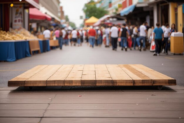 Foto um tabuleiro de madeira vazio numa feira de rua movimentada