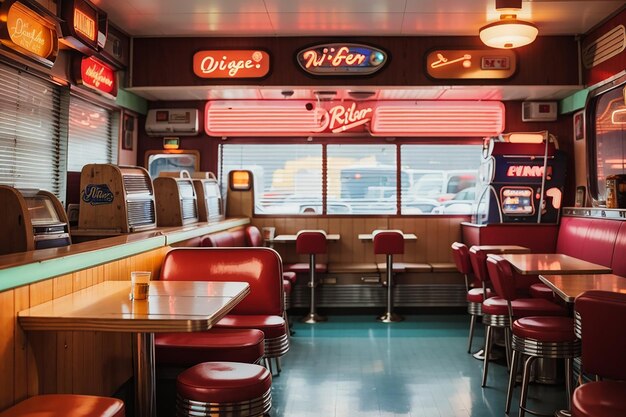 Um tabuleiro de madeira vintage em um restaurante retro com jukeboxes clássicos e luzes de néon